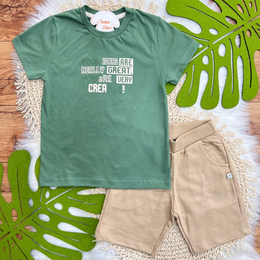 Conj CREATIVE verde e bermuda Caqui
